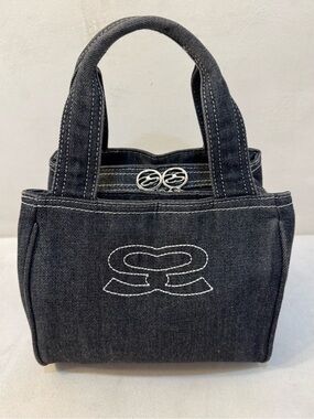 Savoy Black Denim Small Tote Bag with Stitch Detail Lined Charm Top Handle